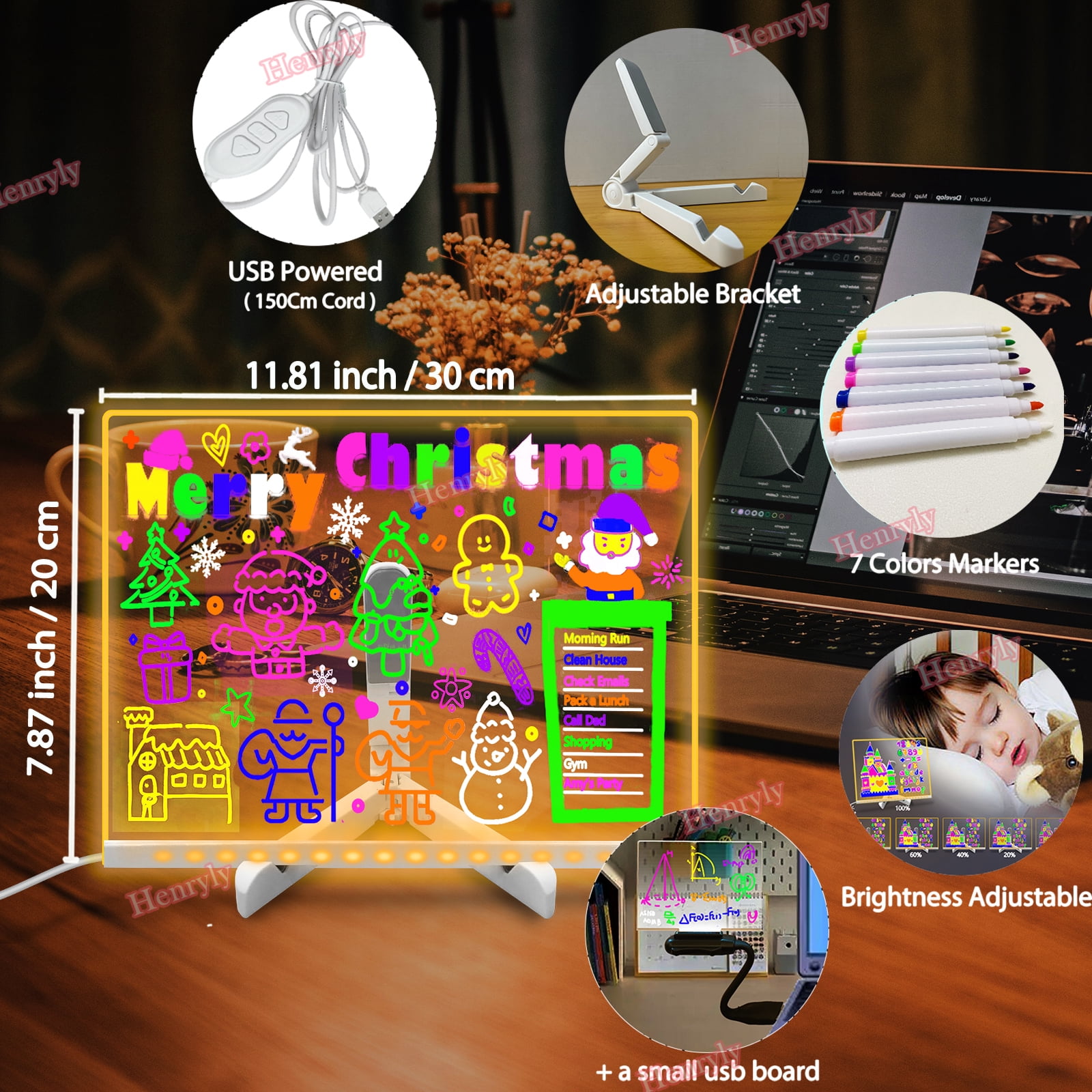 11.8*7.9 Inch Acrylic Dry Erase Board with Light- Dimmable LED Note Board with 7 Colors Pen - Glowing Acrylic Message Note Board, Light up Dry Erase Board with Stand as a Glow Memo Board