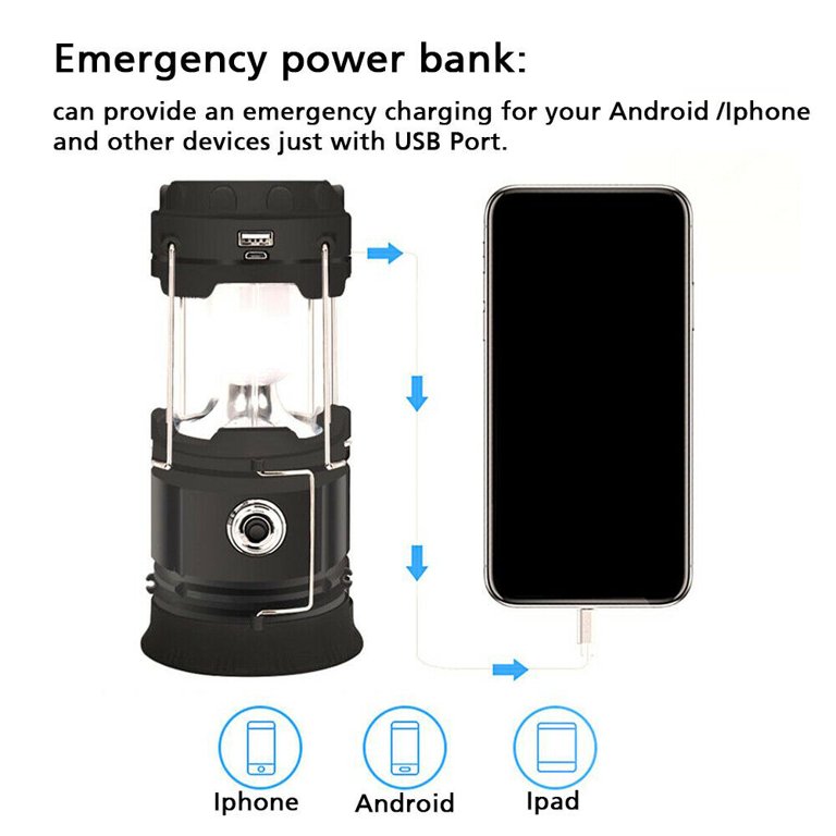Portable LED Camping Lantern Solar Rechargeable or Power Supply, Built-in  Power Bank Compati Android Charge, Waterproof Collapsible Emergency LED  Light with Hook，2 Lighting Methods,1Pcs 