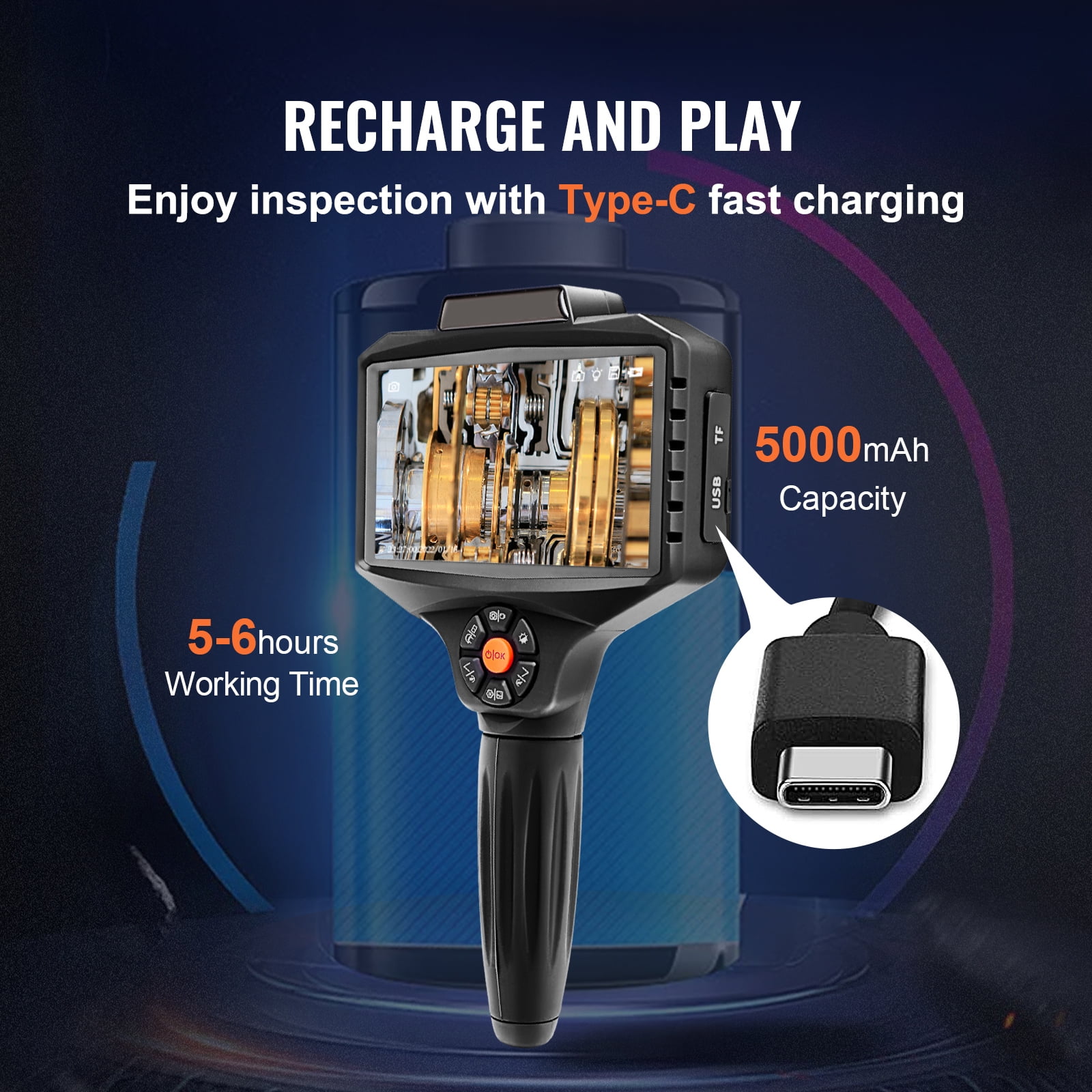 VEVOR Triple Lens Industrial Endoscope 16.4ft, 5" IPS Borescope Inspection Camera with 10 Lights, 1080P Sewer Camera and 5 View Modes , IP67 Flexible Scope Camera Snake Cable and 32GB TF Card