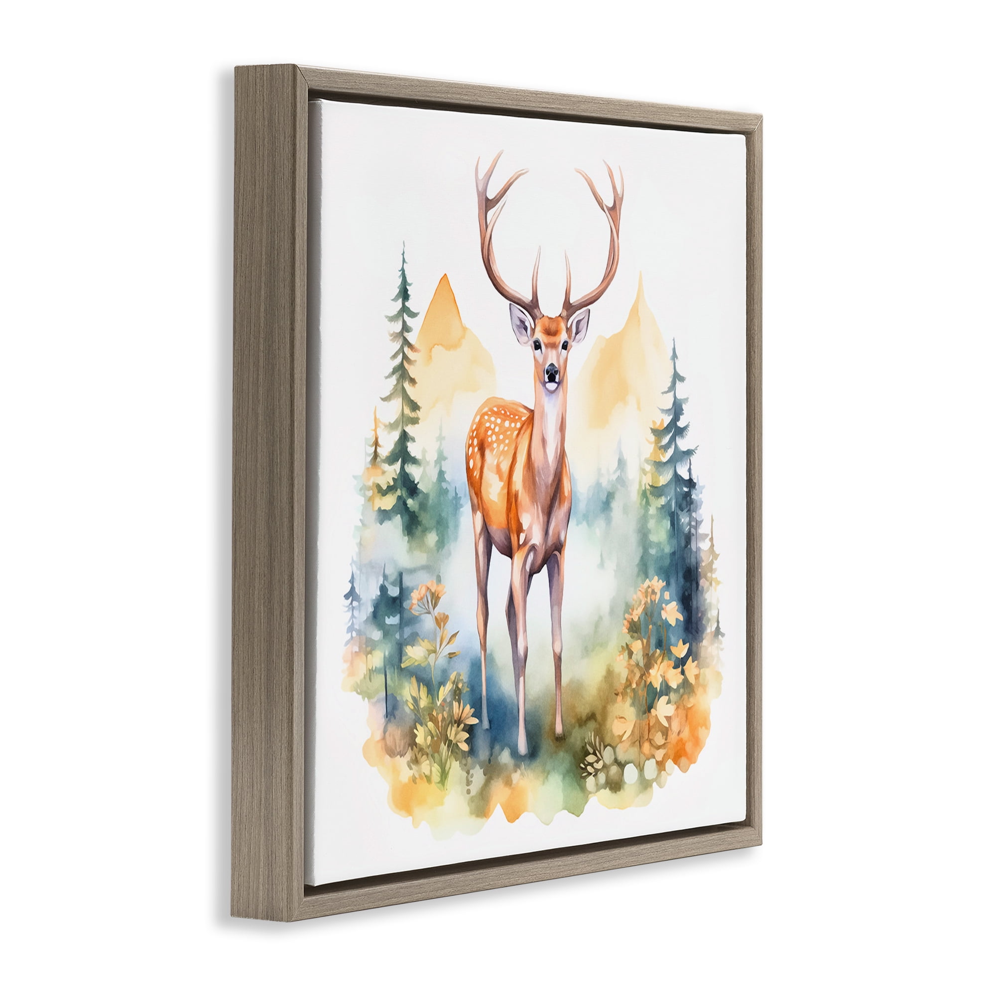 Stupell Industries Wild Deer with Mountains Animals Painting Brown Floater Framed Canvas Art Print Wall Art, 18 x 18