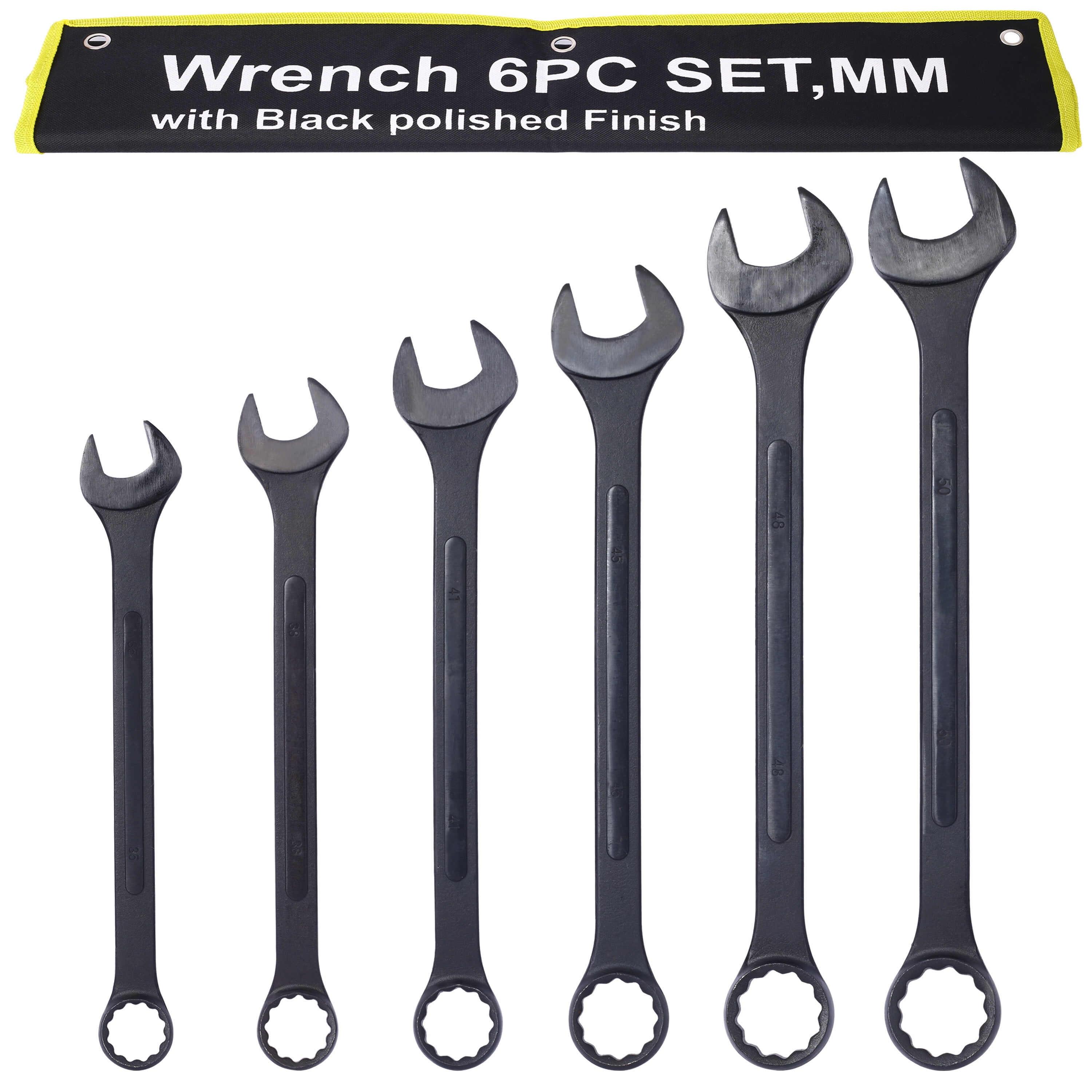Jumbo Combination Wrench Set extra large, Metric, 6-piece, 35mm to 50mm,Black Oxide, with Pouch,