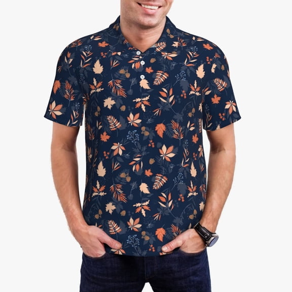 Fuzoiu Autumn Leaves With Blue Print Men's Polo Shirts Short Sleeve,Golf Shirts for Men,Mens Golf Shirt Moisture Wicking Quick-Dry-Small