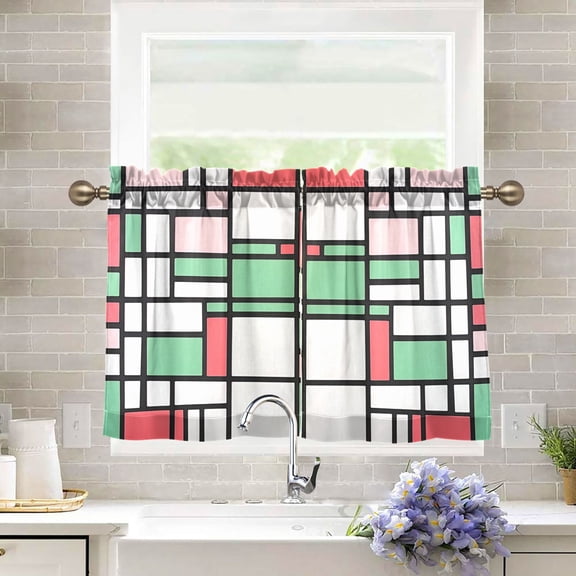 Yayeee Kitchen Curtains Tier Pair Light Filtering 27"x36" Rod Pocket Short Cafe Window Panel, Red Abstract Geometric