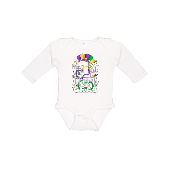 Inktastic My First Mardi Gras with Jester Hat and Beads Boys or Girls Long Sleeve Baby Bodysuit