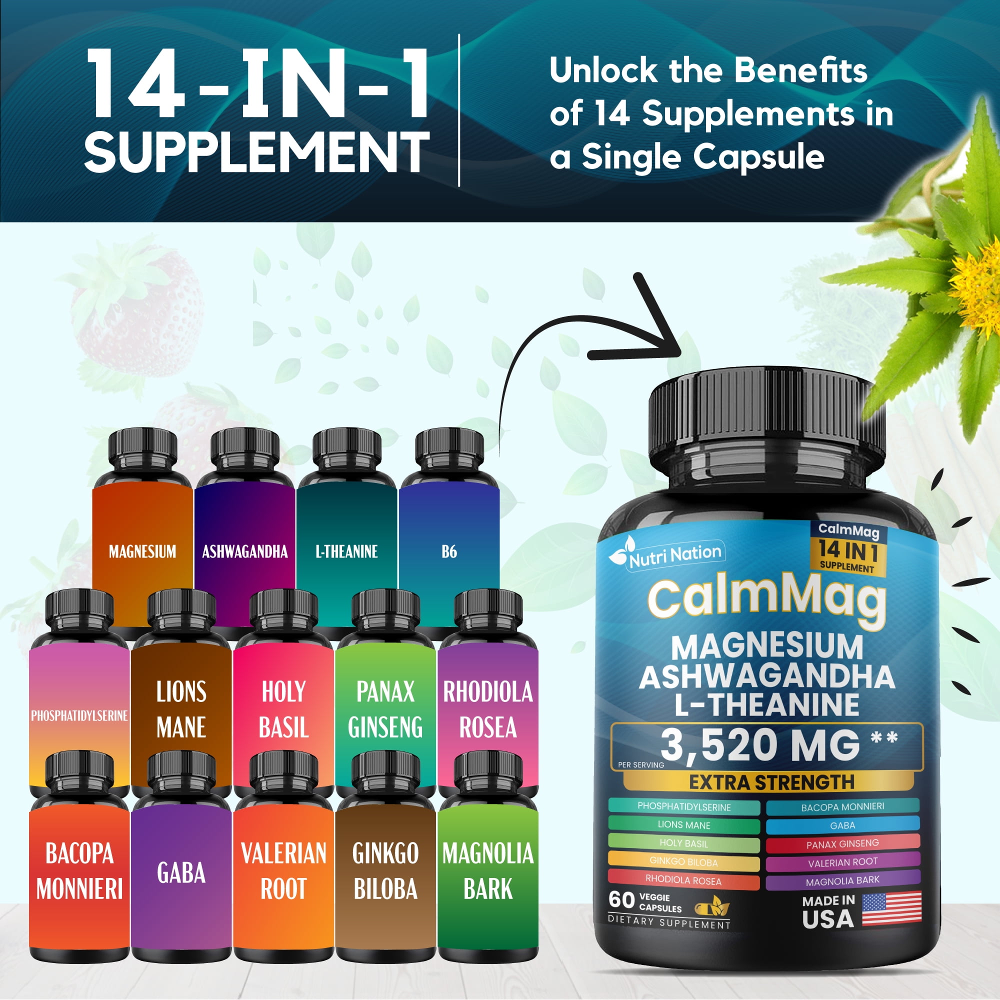 Nutri Nation Magnesium Glycinate with Ashwagandha Supplement, Extra Strength, 180 Capsules, 3 Bottles