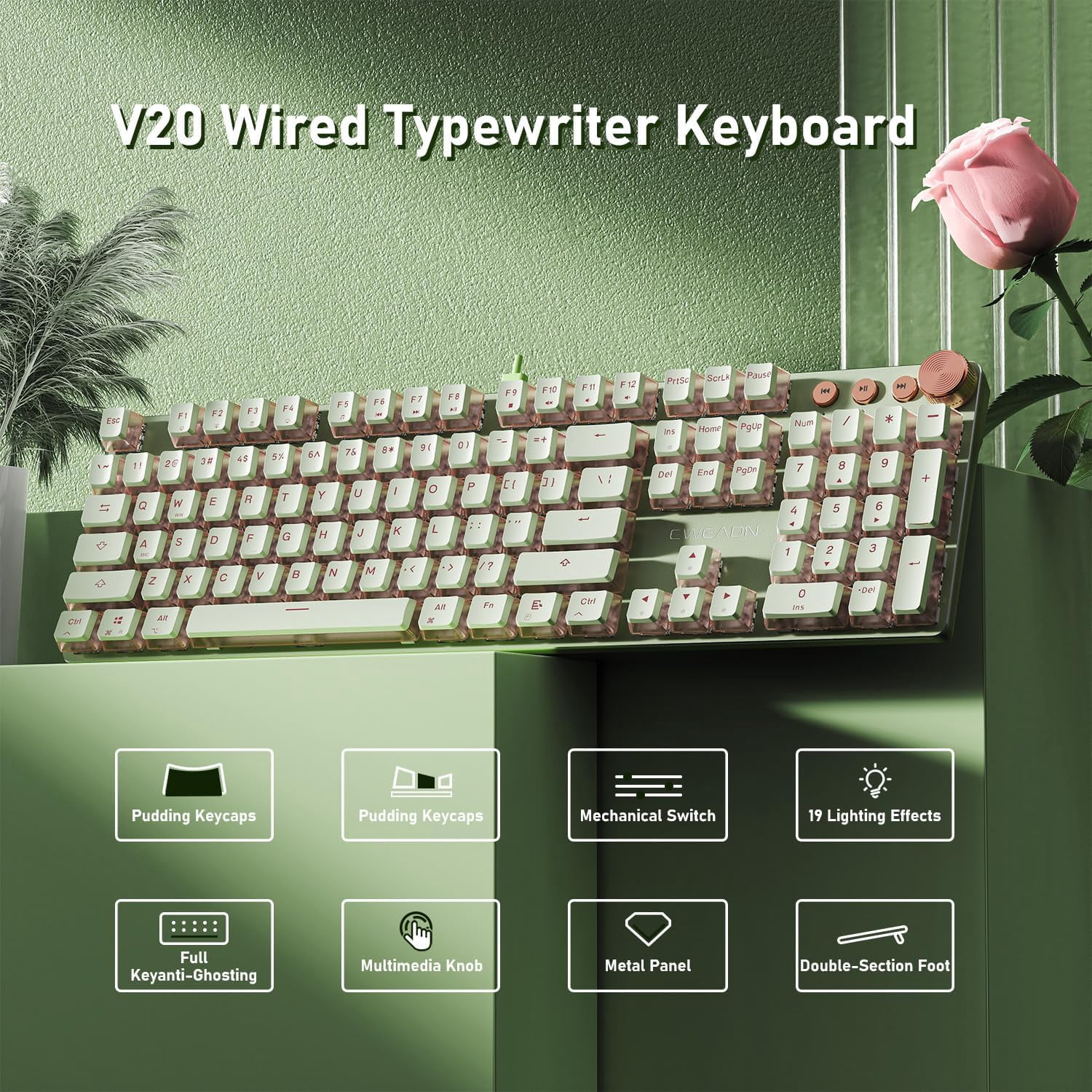 Typewriter Style Mechanical Gaming Keyboard, Wired Mechanical Keyboards,104 Keys Backlit LED Keyboards, Media Control Knob, Wired Computer Keyboard Pink Switch for Windows/Mac/PC-Purple