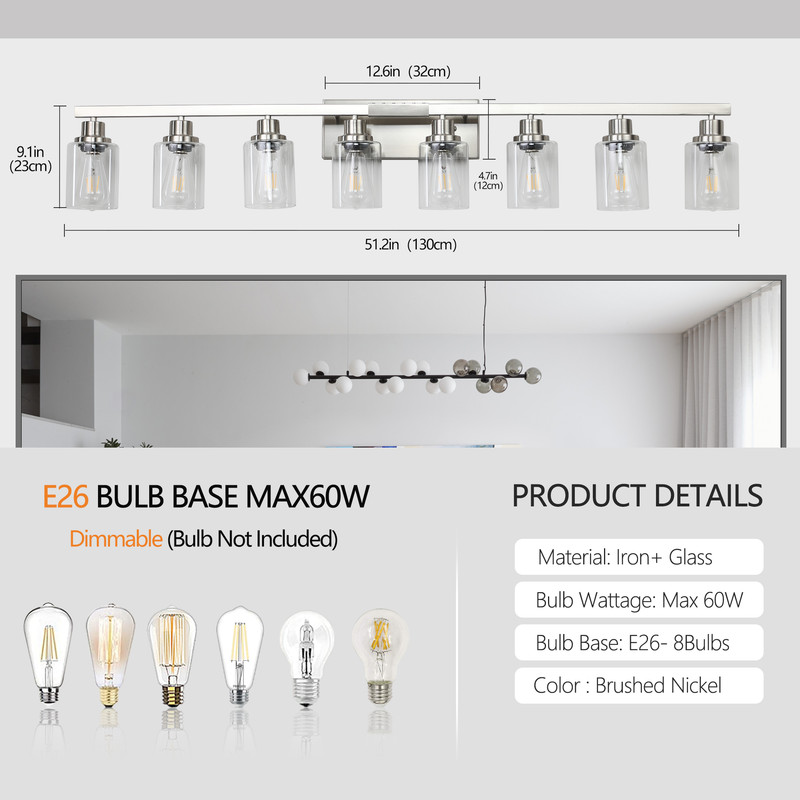 51" Modern 8-Light Bathroom Vanity Light Fixture - Brushed Nickel Finish with Clear Glass Shades, Perfect for Bathroom, Vanity, and Dressing Area Lighting (No Bulbs)