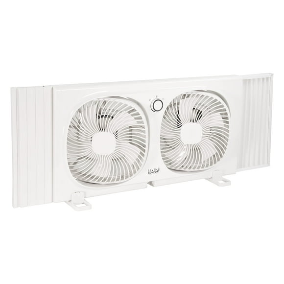 Comfort Zone Living Comfort Twin Window Fan with Individually 180 Degree Rotating Fan Heads, 9 inch, 2 Speed, Plastic Removable Bug Screen, Ideal for Home, Kitchen, Bedroom, & Office, LC329WT