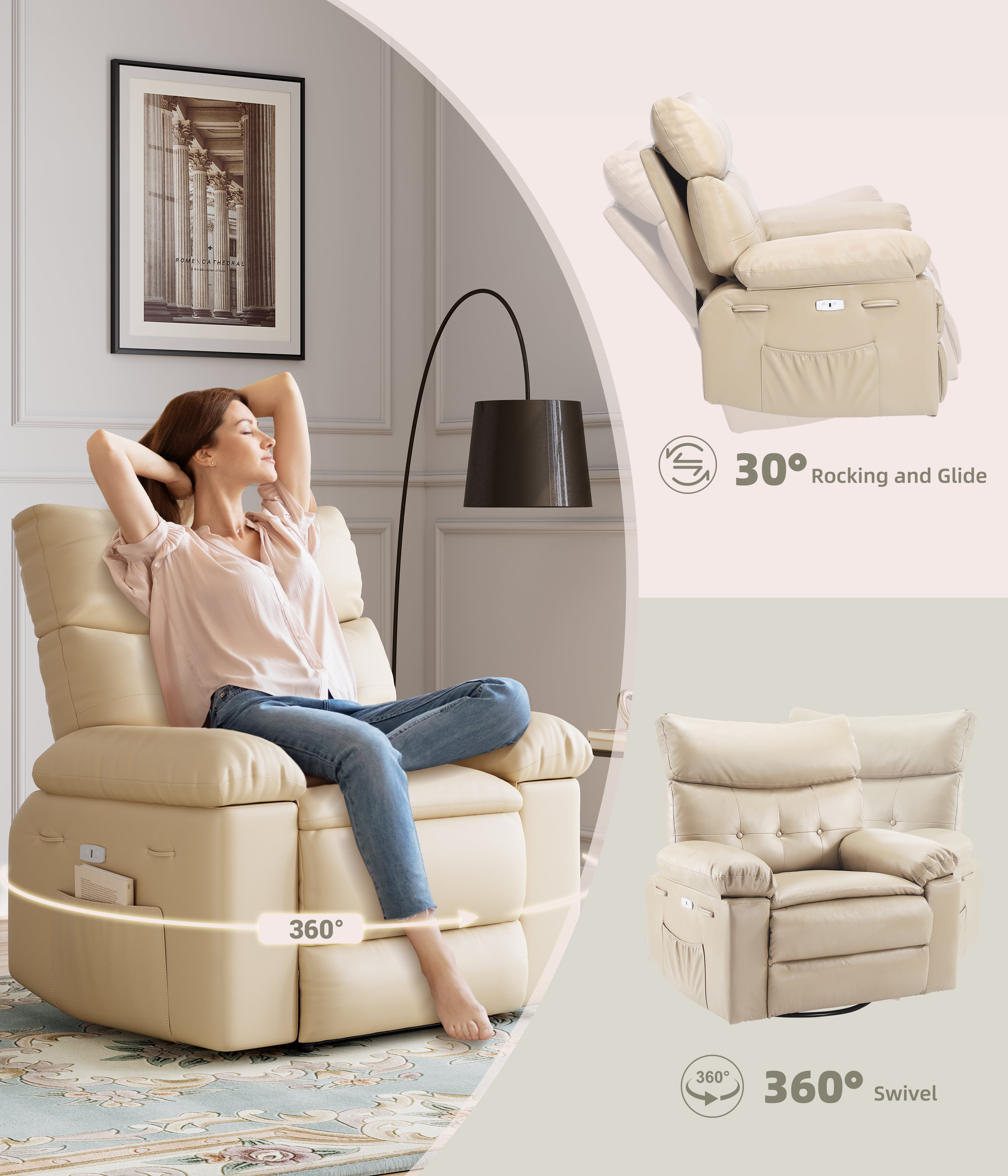Oversized Recliner Chairs with Heat and Massage - 360°Swivel Lazy Boy Recliner Chair for Adults-Manual Rocking Chair with Remote Control for Living Rooms,Bedrooms and Nurseries
