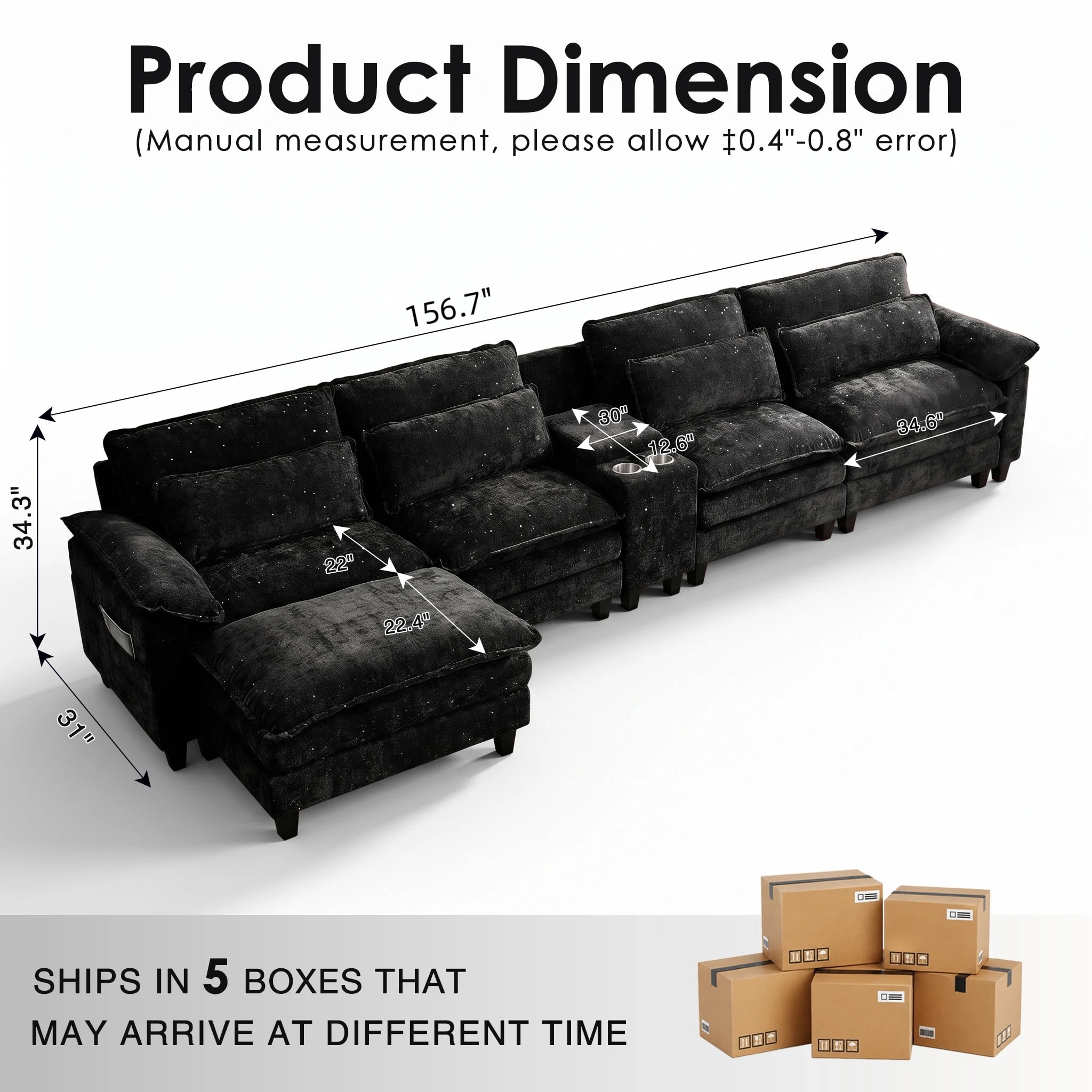 UBERLYFE 157" U-Shaped Cloud Sectional Sofa, Modular Couch With Double Chaise, USB Charging Ports, Hidden Storage For Living Room, Black