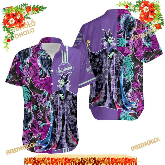 Maleficent Villains Floral Hawaiian Shirt, Beach Pattern Disney Button Down Shirt