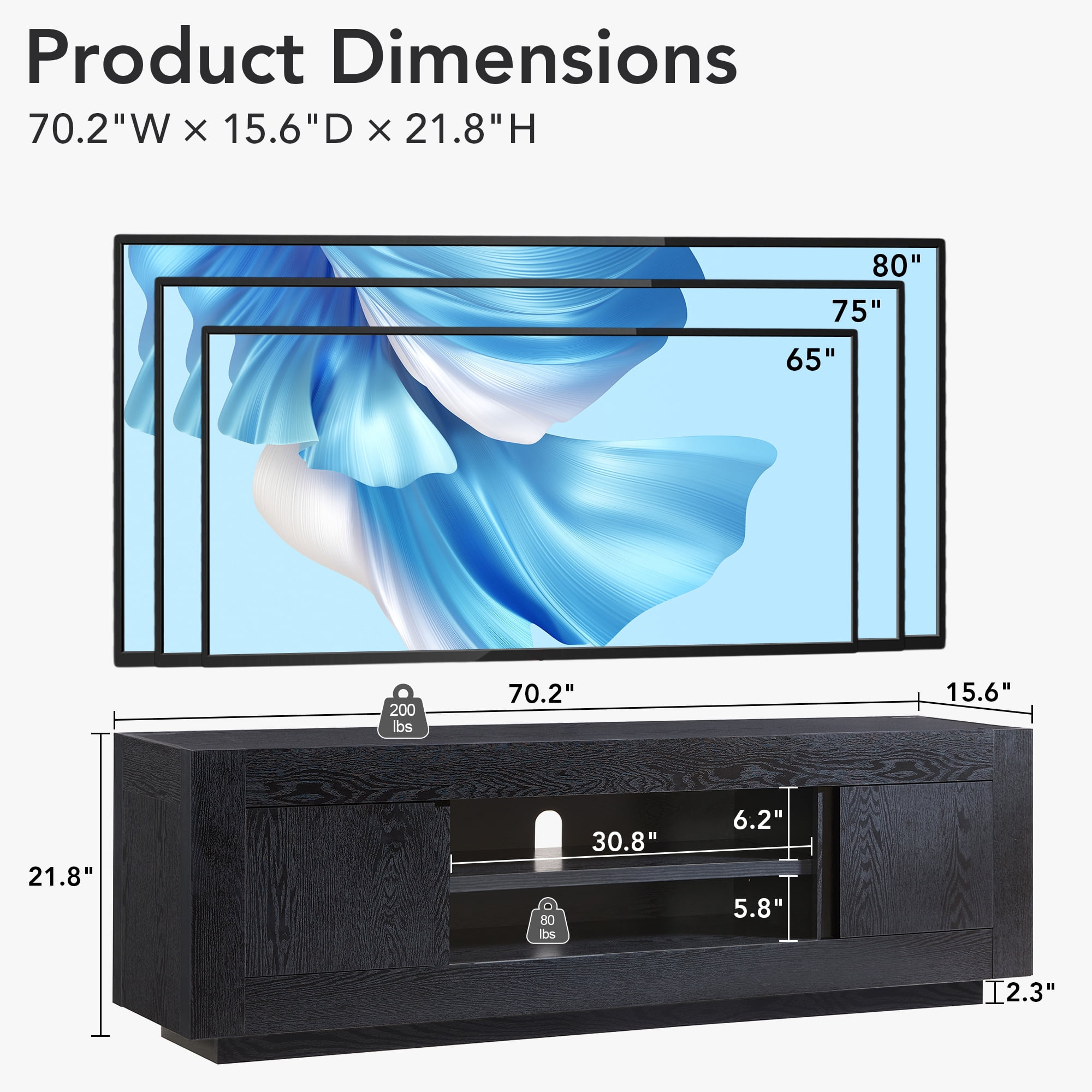 KeyWhat 70" Modern Low Profile TV Stand for TVs up to 80", Open Storage & Adjustable Shelves