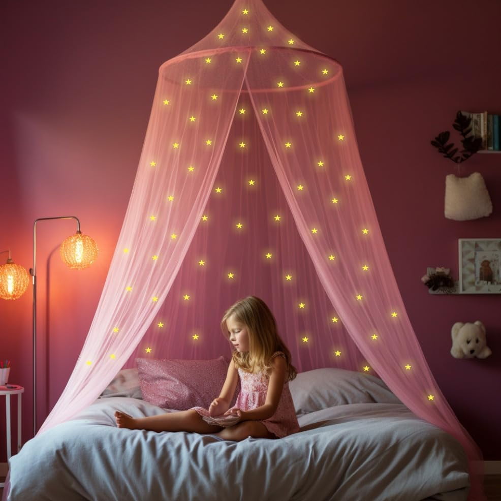 Pink Canopy for Girls Bed with Pre-Glued Glow in The Dark Stars - Princess Mosquito Net Room Decor - Kids & Baby Bedroom Tent with Galaxy Lights - 1 Opening Canopy Bed & Hanging Kit Included