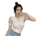 thumbnail image 4 of Camiseta de gasa Mujer Malla Puff Manga corta Top Botón Camisa con cuello de muñeca, Blanco tholdsy AP001460-01B, 4 of 7
