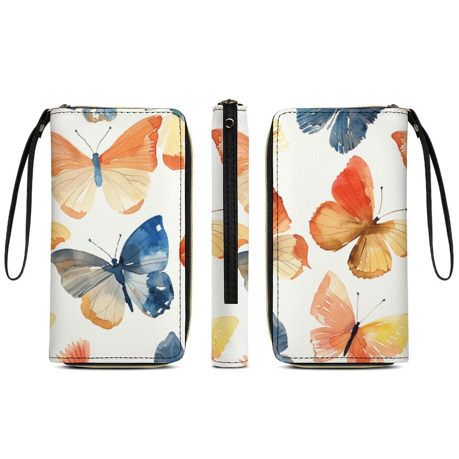 Womens Wallet Bifold Ladies Cluth Bag Wristlet Wrist Strap Long Purse Butterfly Design