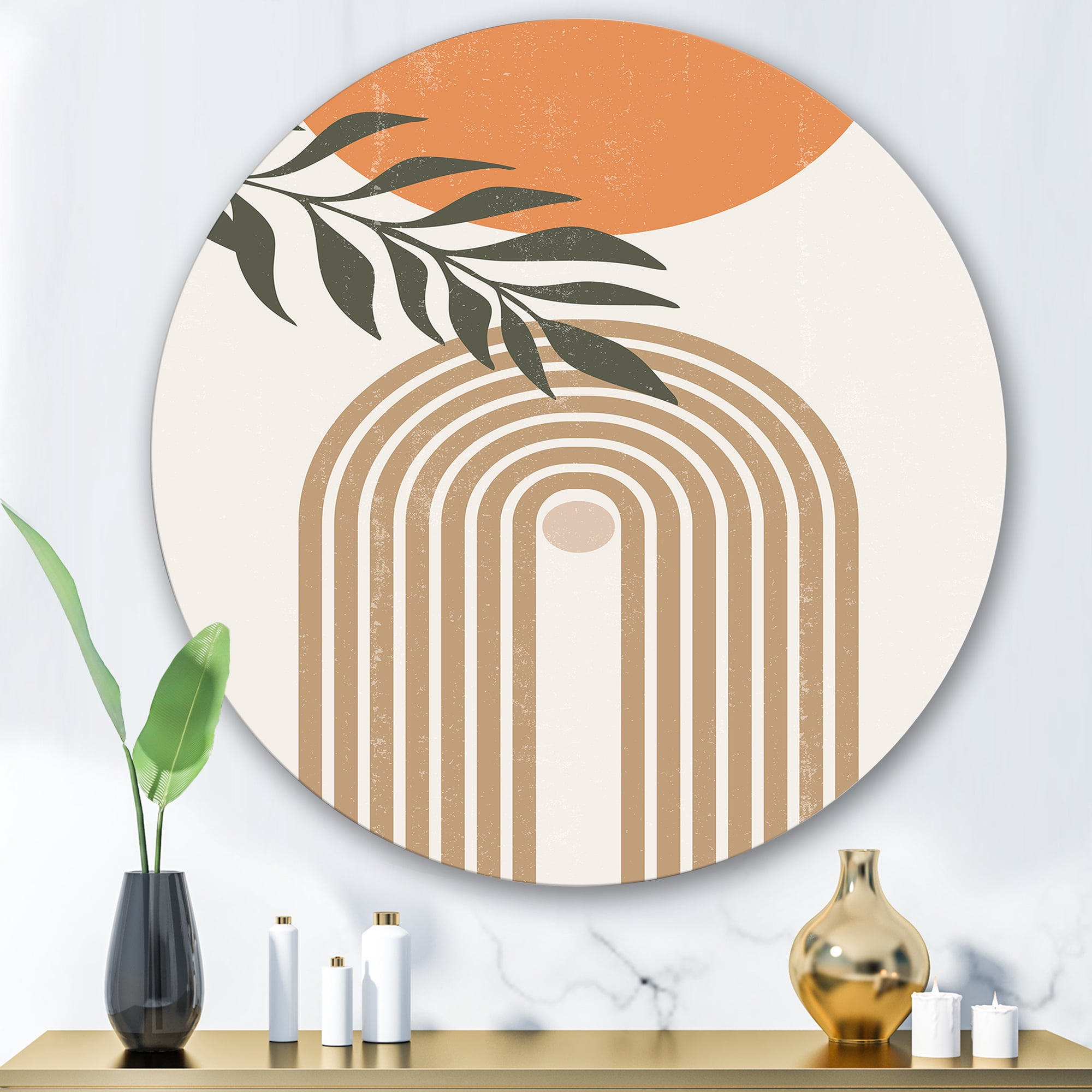 Designart 'Abstract Moon Sun Leaves I' Modern Circle Metal Wall Art 36x36 - Disc of 36