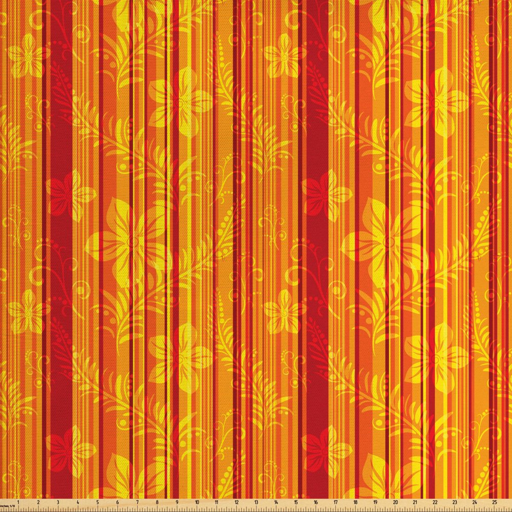Orange Fabric by the Yard, Vertically Stripes Pattern with Flowers