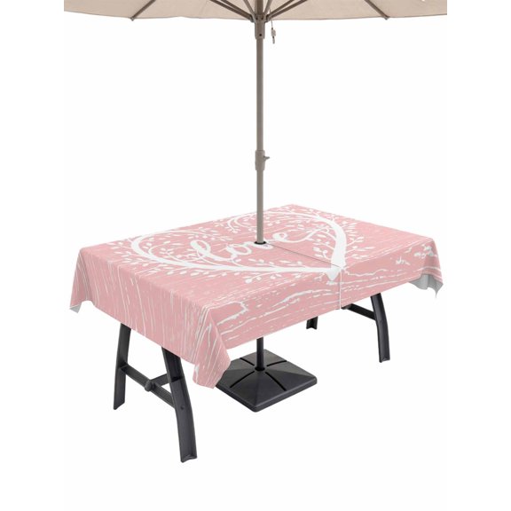 Outdoor Tablecloth with Umbrella Hole and Zipper, Valentine's Day Rectangle Table Cloth 60x84 Inch Waterproof Tablecloth, Love Branches Vintage Wood Grain Pink Picnic Table Cover for Patio Camping