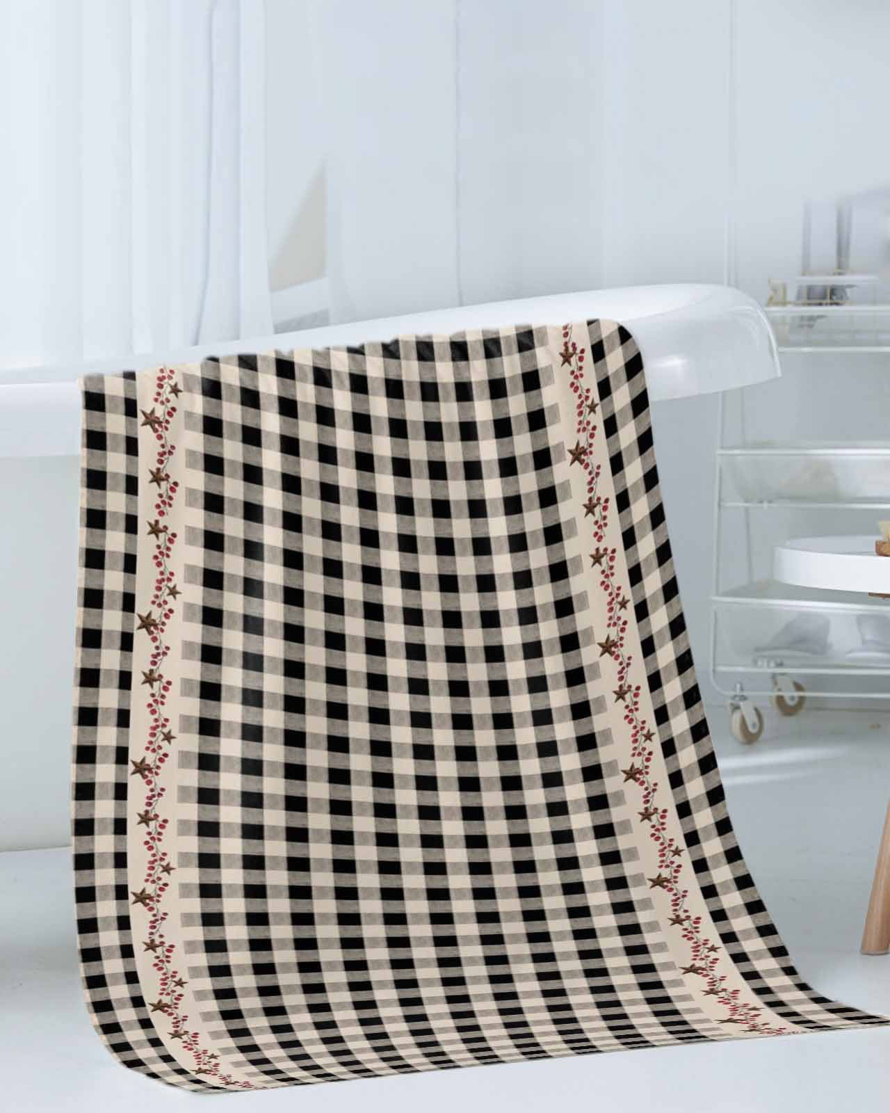 Country Star Plaid Bath Towels for Bathroom Set,Luxury Microfiber Towels Gifts for Women,Beach Kitchen Hand Hair Face Towel and Dish Washcloth,Black Retro American Farm Barn Berry Towels+Set