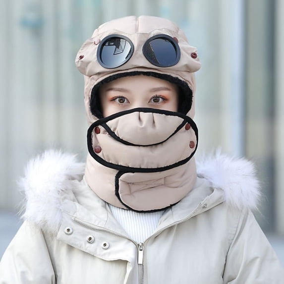 Full Face Winter Warm Women Man Ski with Glasses Mask Thermal Trapper Hat Windproof Beanies Cycling Caps BEIGE