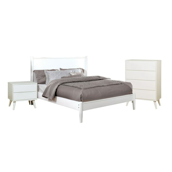 Bekor 3 Pc Full Size Bedroom Set, Mid-Century Modern Style, White Finish
