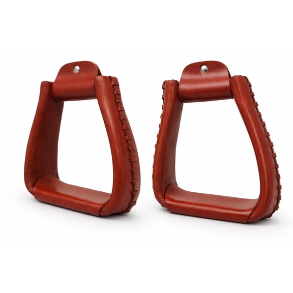 Western Horse Saddle Tack Leather Covered Angled Sloped Stirrups Tan 5155
