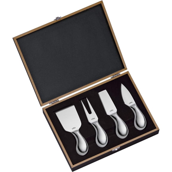 Cilio Piave Brushed Stainless Steel Cheese Knife Set 4 Pieces with Wooden Box
