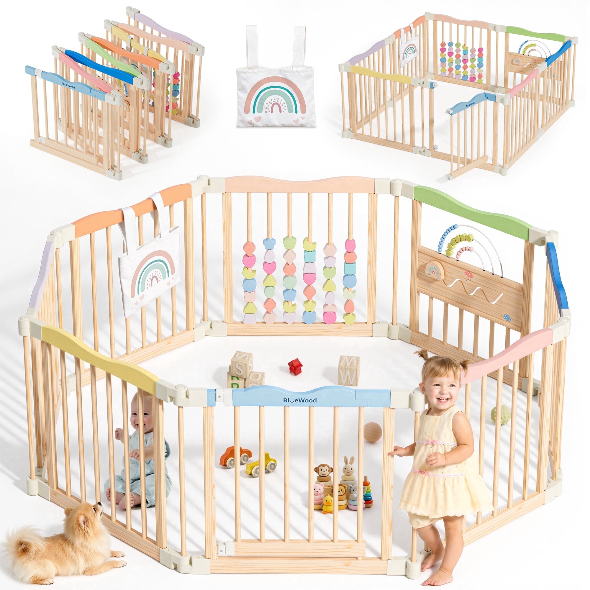 Buballino 8-Panel Baby Safety Fence Solid Pine Wood Freestanding Play Area Enclosure, Easy Assembly