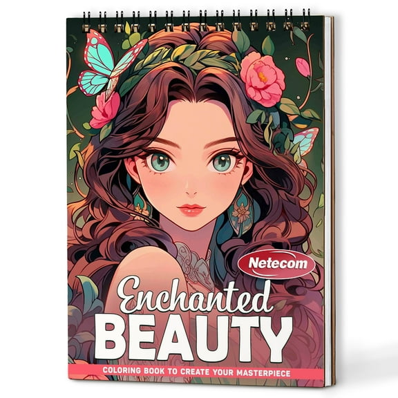 Netecom Enchanted Beauty Spiral Bound Coloring Book for Adults, A5 Wooden Cover, 30 Magical Coloring Pages of Graceful Fairies for Stress Relief and Relaxation