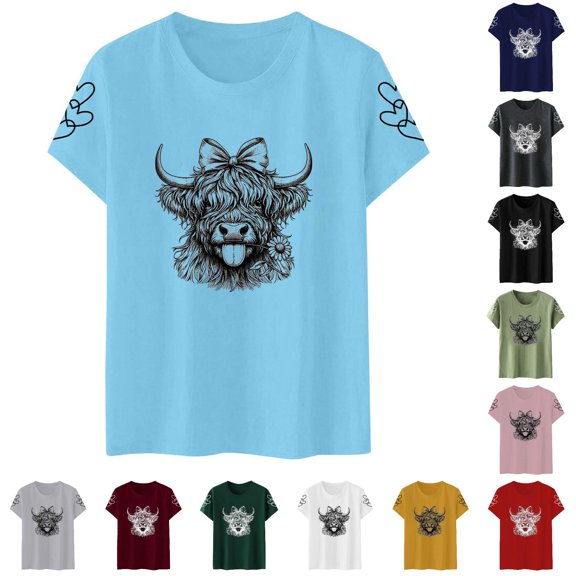 HCYSFG Women's Highland Cow Graphic Top Crewneck Short Sleeve Casual Fashion T Shirts Summer Trendy Everyday Activewear Tee