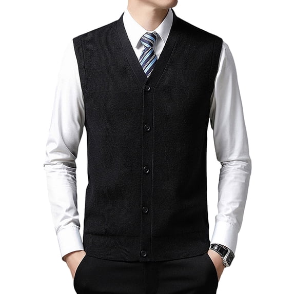 Hanerdun Mens Sleeveless Cardigan Male Button-Down Sweater Vests Black S