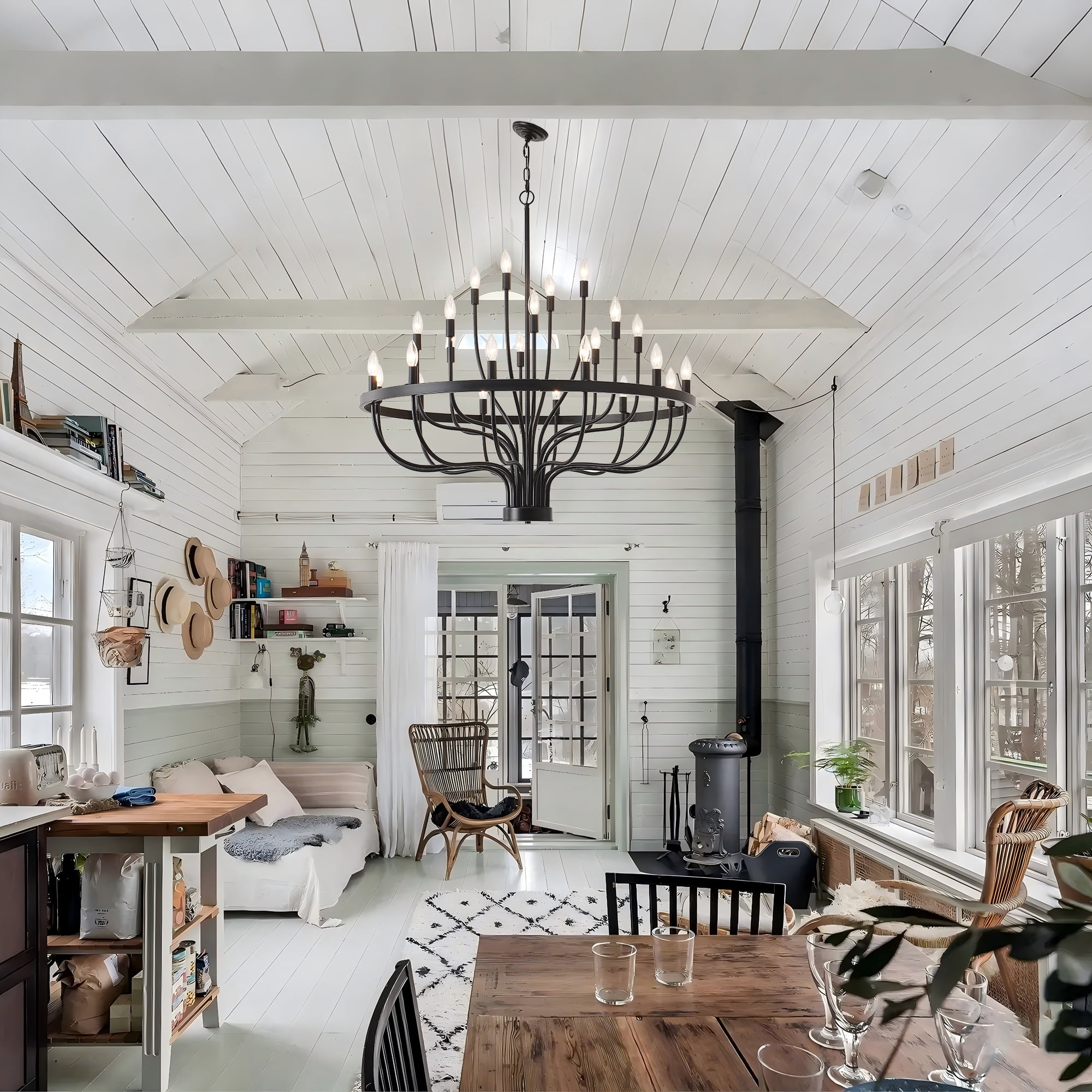 24-Lights Farmhouse Chandelier with Adjustable Height, Black Candle-Style Hanging Light for Entryway, Dining Room, High Ceiling Living Room, Hallway