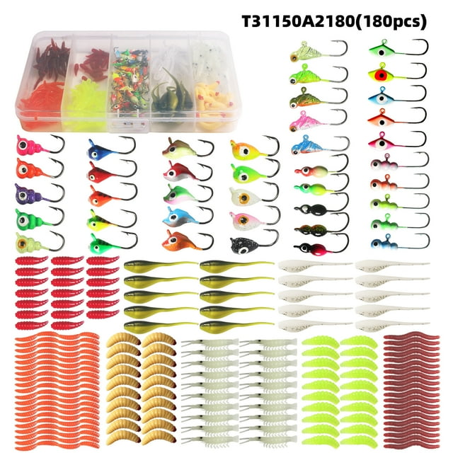 Gancho 180 Uds plantillas de pesca en hielo señuelos de pesca en hielo Kit de iniciación de pesca en hielo para Walleye Crappie Panfish