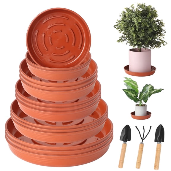 15 Pcs Plant Saucers, 6/7/8/9/10 inch Plant Saucer Tray with 3 Gardening Tools, Heavy Duty Plastic Flower Plant Pot Saucers Drip Tray for Indoor Outdoor Garden
