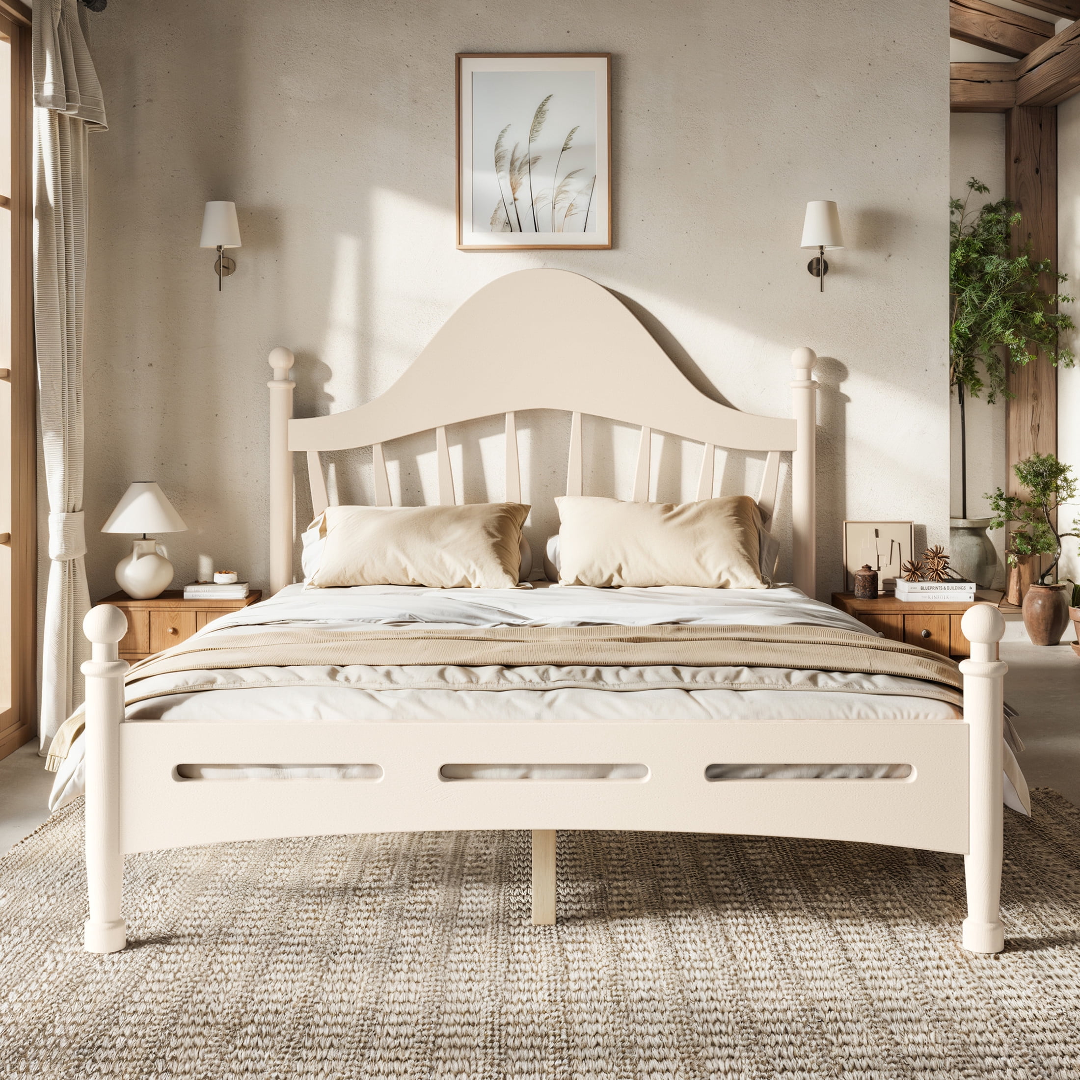 GDF Studio Full Size Platform Bed with Curved Headboard, Solid Pine Frame, Slatted Support, Beige