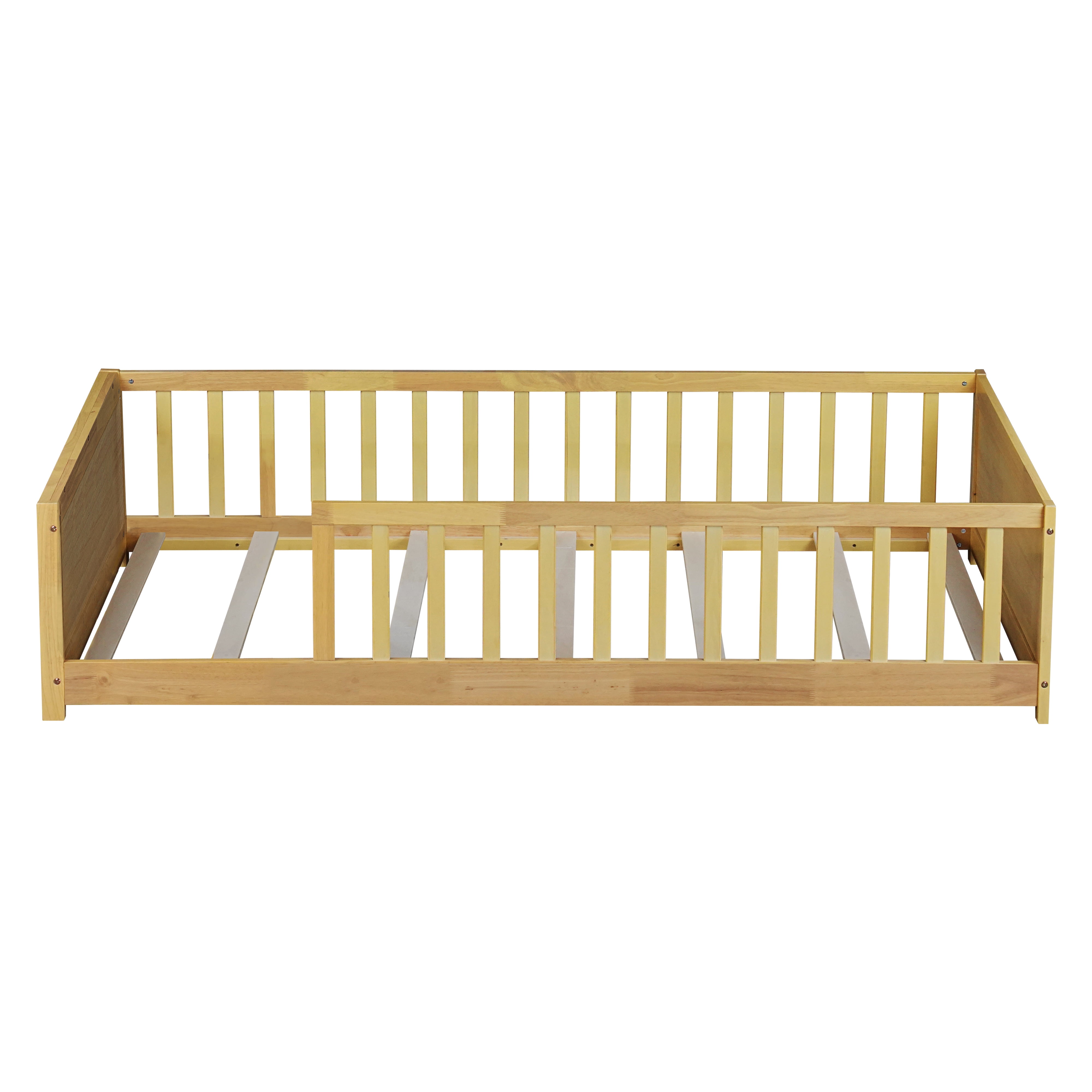 Miniyam Wood Twin Size Floor Bed with Built-in Book Storage Rack for Toddler, Natural