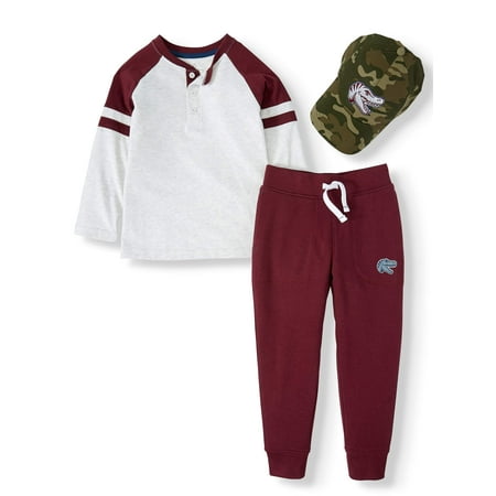 365 Kids from Garanimals Henley Shirt, French Terry Pants, and Hat Set, 3-Piece Outfit Set (Little Boys & Big Boys)