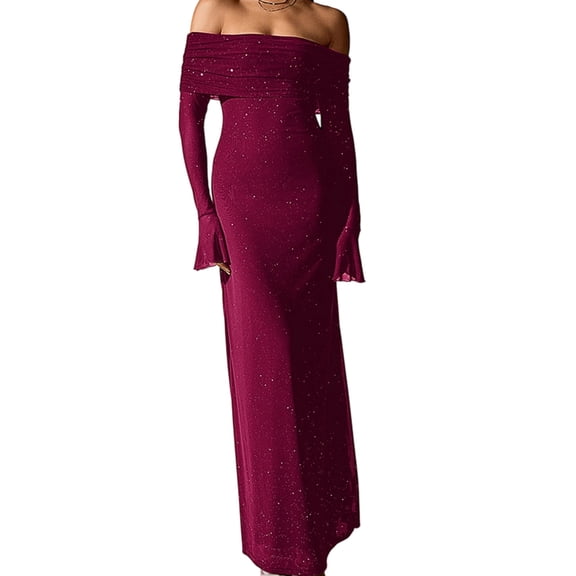 Blmnix Girls Dresses Bodycon Sexy Sparkly Dresses Red Long Sleeve Boat Neck Girls Dress,L