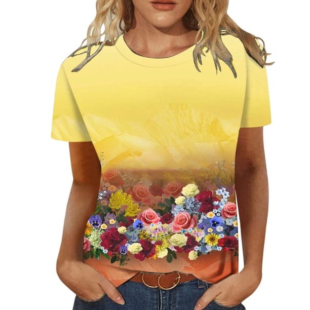 Camiseta de manga corta suelta con cuello redondo y estampado informal de verano a la moda para mujer Pompotops hkajfhjk465891