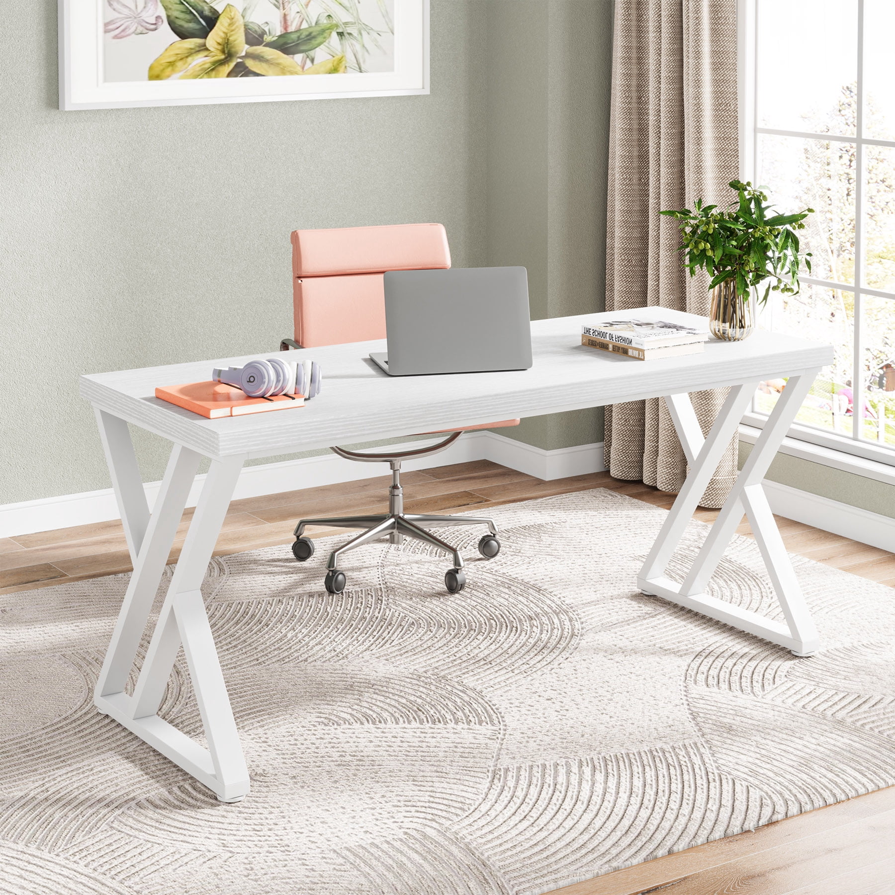 Tribesigns Writing Computer Desk, 55-Inch Modern Simple Study Desk with Z-Shaped Metal Leg, White