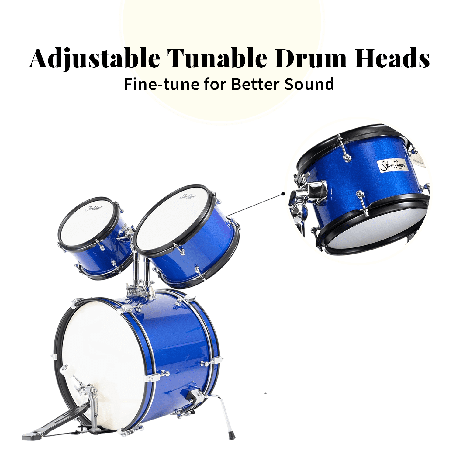 StarQuest SQ-DS-JR5-MBL Junior 5-Piece Drum Set – Premium Metallic Blue Finish with Bass, Snare, Tom and Crash Cymbal – Perfect for Junior Drummers and Beginners
