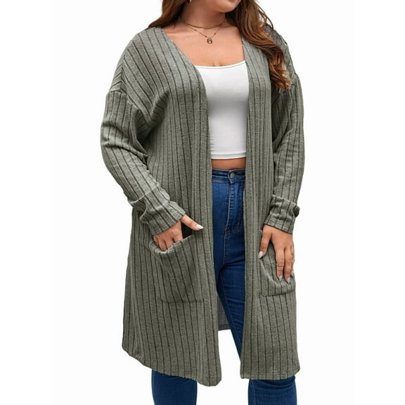 Plus Size  - Soft Knit Cardigan Long Sleeve Open Front Coat with Pockets  Green XL