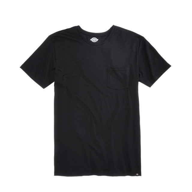camiseta básica dickies con bolsillo para hombre negra pequeña, vista frontal centrada de playera negra jaspeada de manga corta con bolsillo de parche en el lado izquierdo del pecho y cuello redondo acanalado, tejido 50% poliéster 50% algodón y etiqueta Dickies visible en el interior del cuello; también suele usarse como capa ligera para actividades informales.
