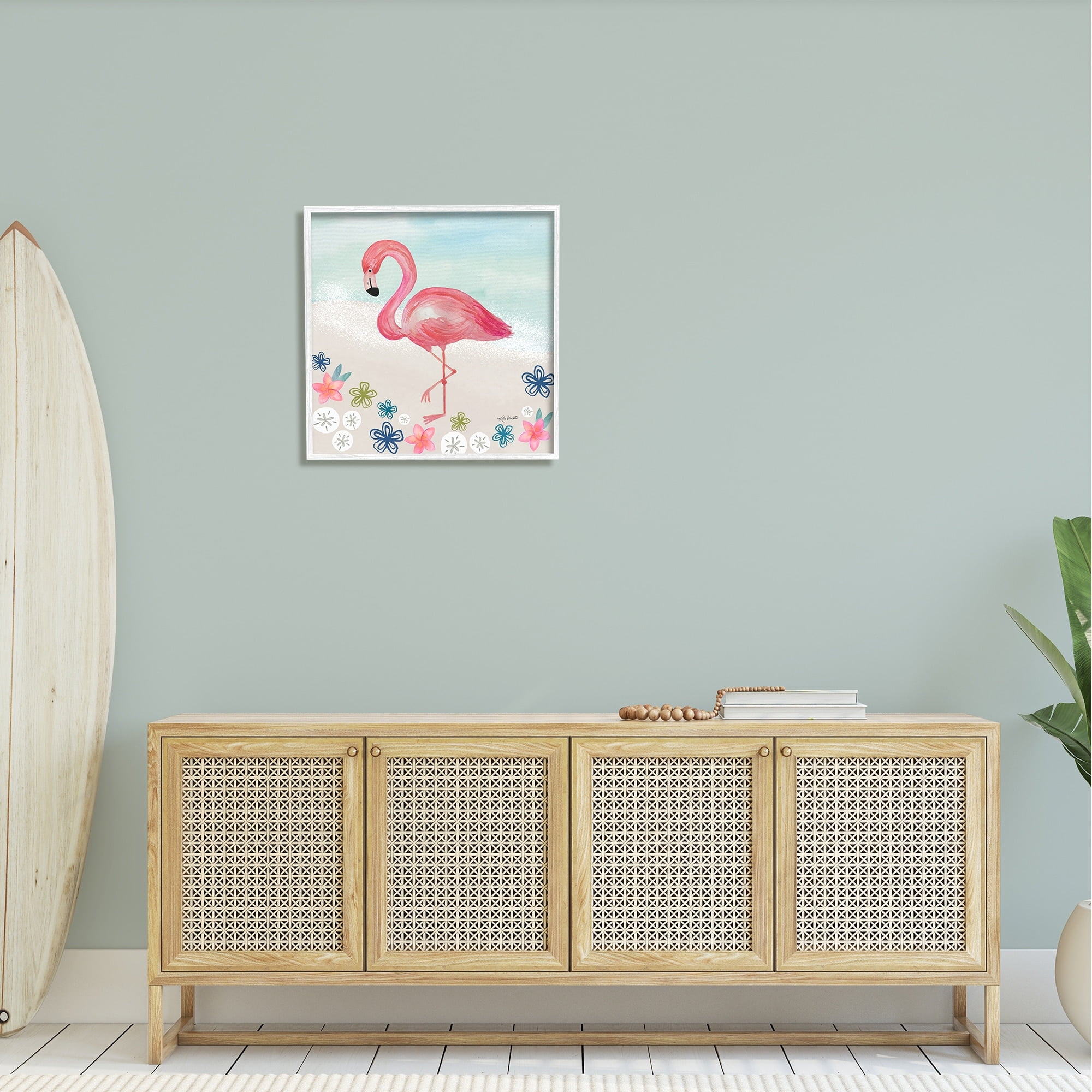 Stupell Industries Flamingo Among Sand Dollars Flowers Beach Shore Framed Wall Art, 24 x 24, Design by Katie Doucette
