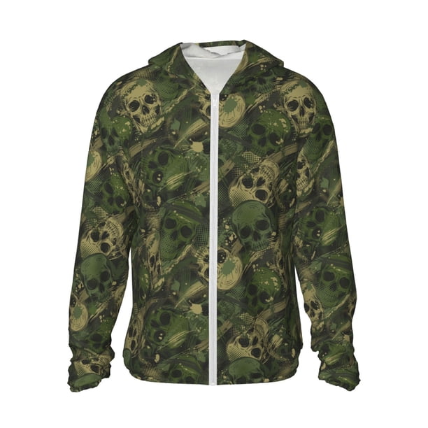 Fotbe Green Camouflage Skull Chaqueta con Protección Solar UPF 50+ para Hombre y Mujer, Camisa con Capucha y Bolsillos-3X-Large