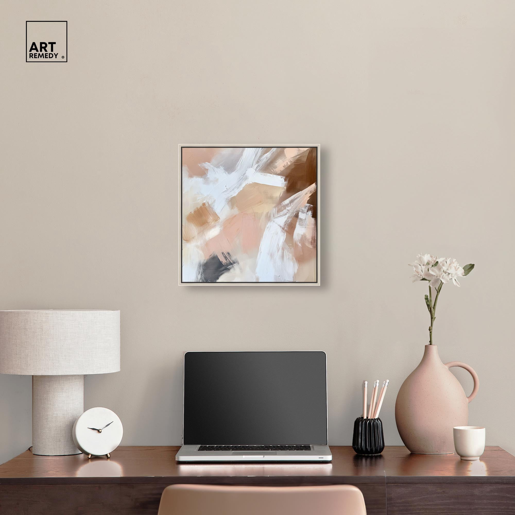 Taupe and Ash I Canvas Boho Minimalist by Art Remedy, Silver Frame, 16 x 16