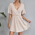 thumbnail image 5 of Women Dress Short Sleeve Solid Color V Neck High Waist A Line Summer Short Dress, 5 of 9