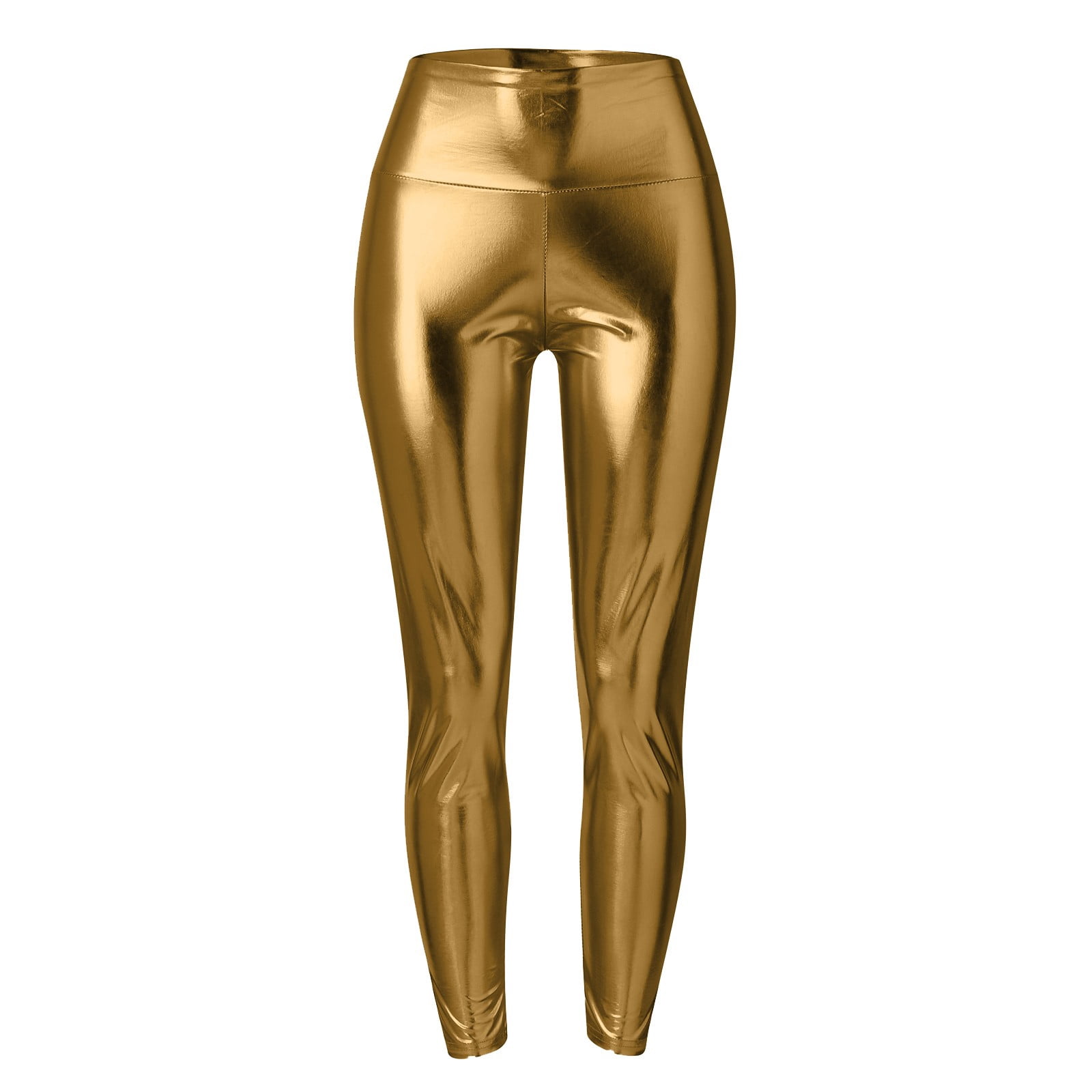 Goindgs Jeggings for Women Pull On Stretchy Faux Leather Sexy High Waisted Solid Color Metallic Tights Yoga Pencil Tight Gold S