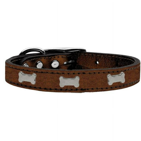 silver bone widget genuine metallic leather dog collar bronze 14