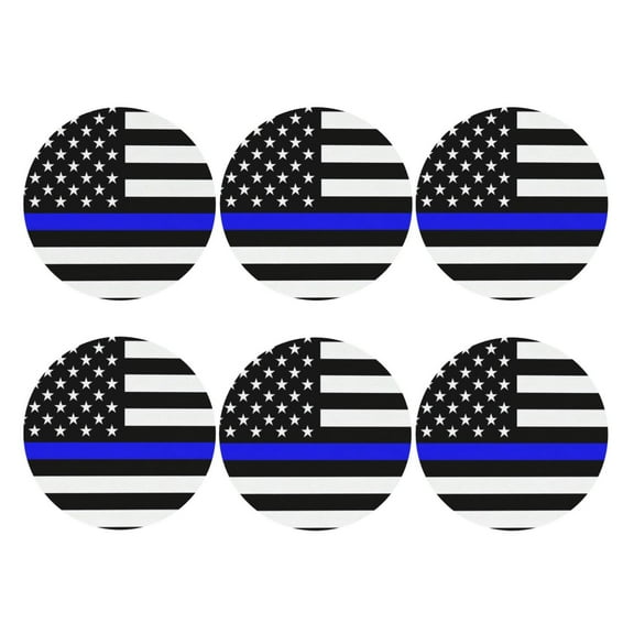 Police Thin Blue Line Flag Leather Drinks Coasters Suitable for Various Cups Set of 6 Round Shape
